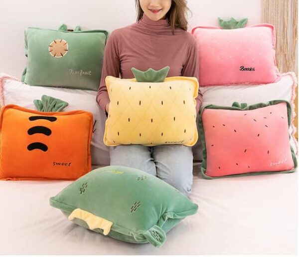 Rikyo 15" Stuffed Fruit Travel Blanket and Pillow Set,3 in 1 Plush Stuffed Hugging Pillow with Warming Hands Pillow Blanket for Kids Gift Travel Airplane Train Bed Office Nap (Pink - Strawberry) - Image 5